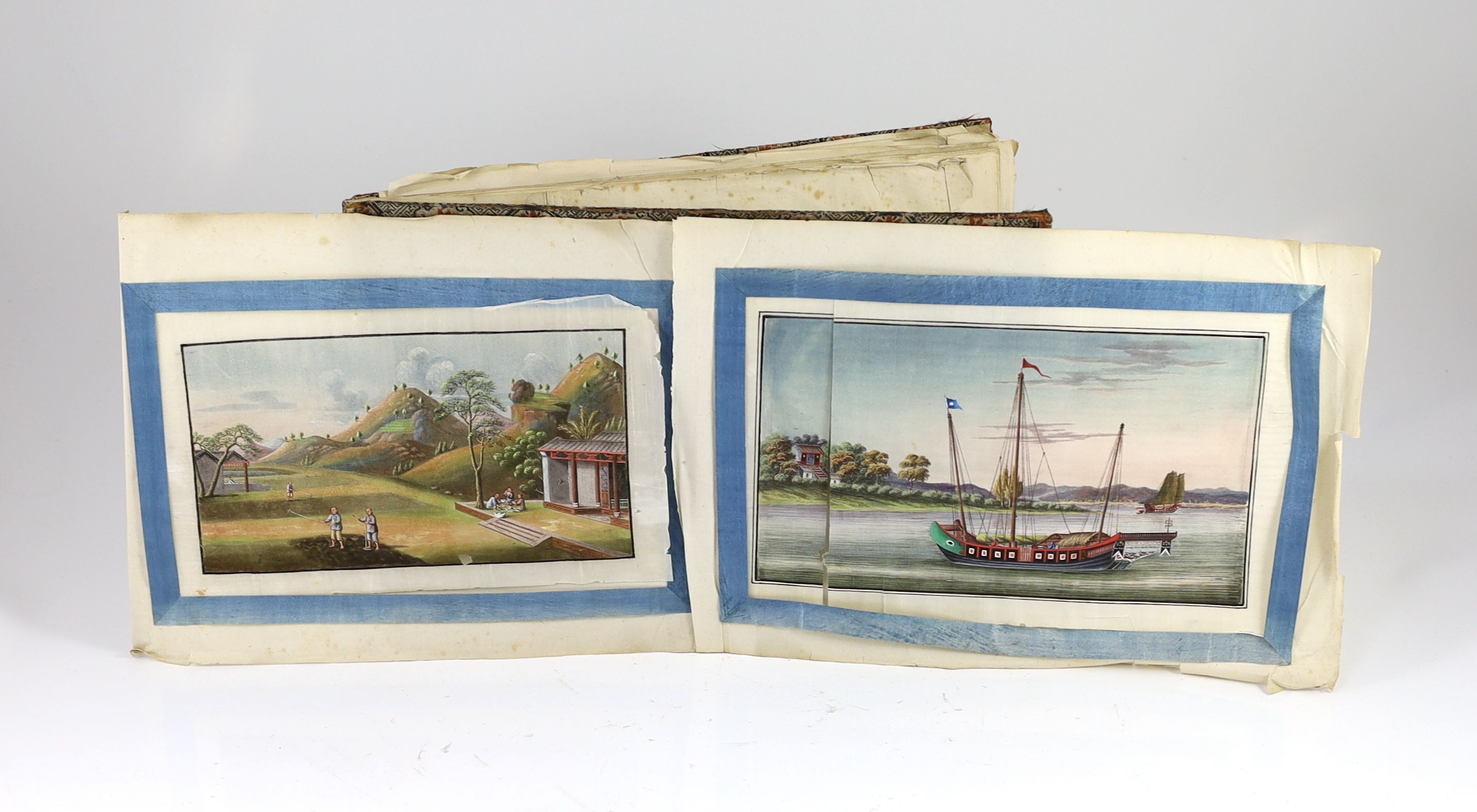 An album of eleven Chinese ‘tea production and trading’ pith paintings, Guangzhou, mid 19th century, Album 25.5 cm X 37 cm, Some losses